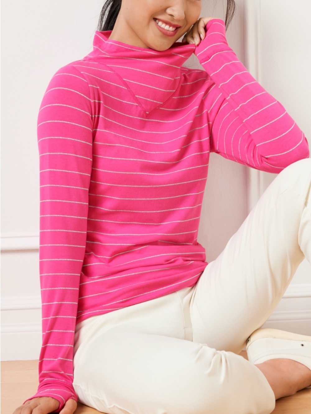 T by Talbots Supersoft Jersey Turtleneck Tee Hot Pink - METALLIC STRIPE